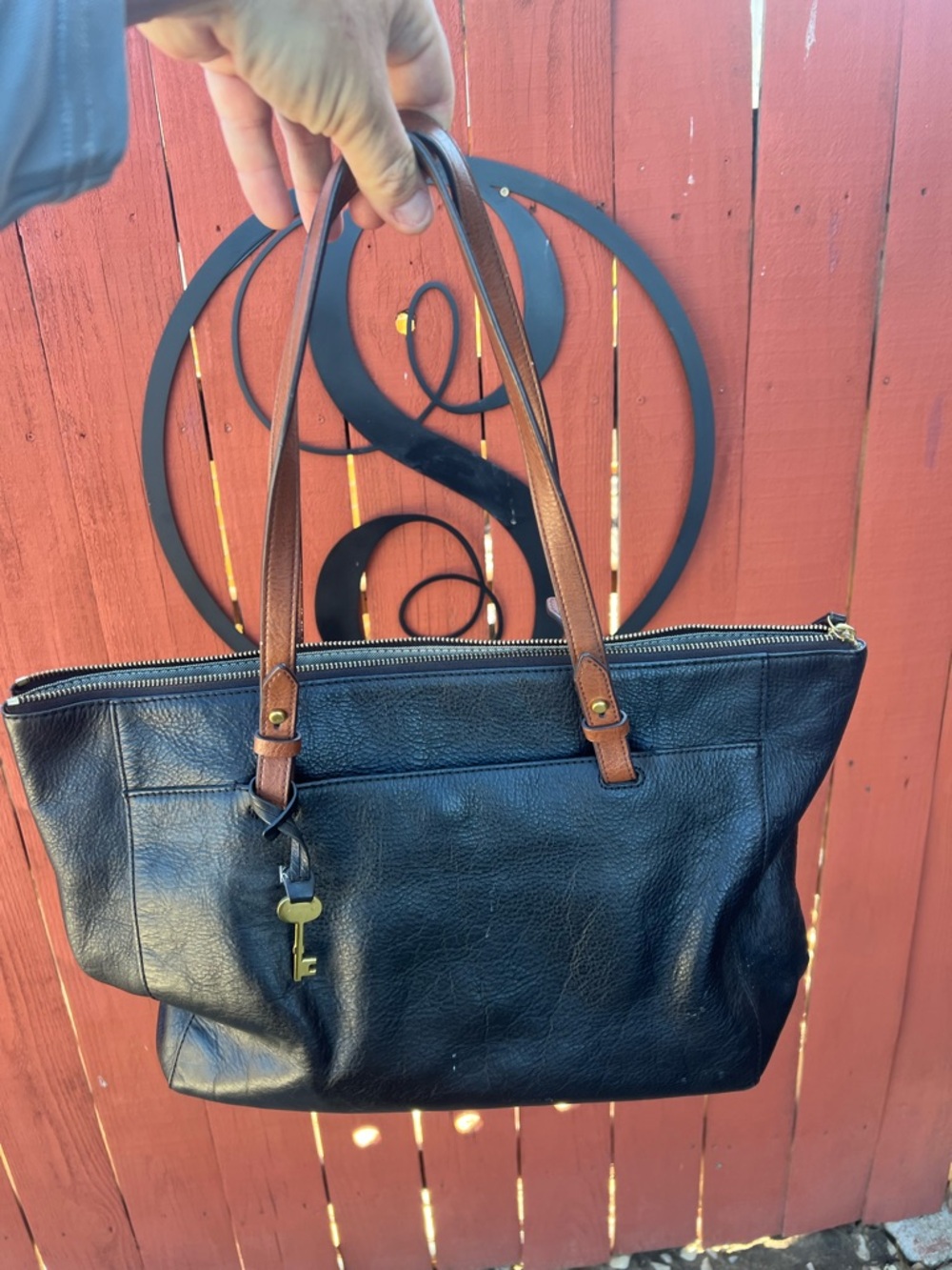 Fossil Black Leather Tote with Brown Handles